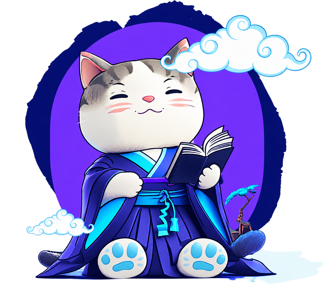 Mira reading in a purple and blue kimono