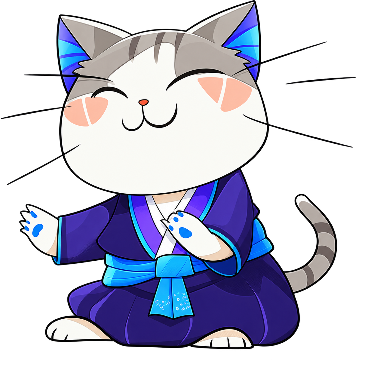 Mira waving in a purple and blue kimono